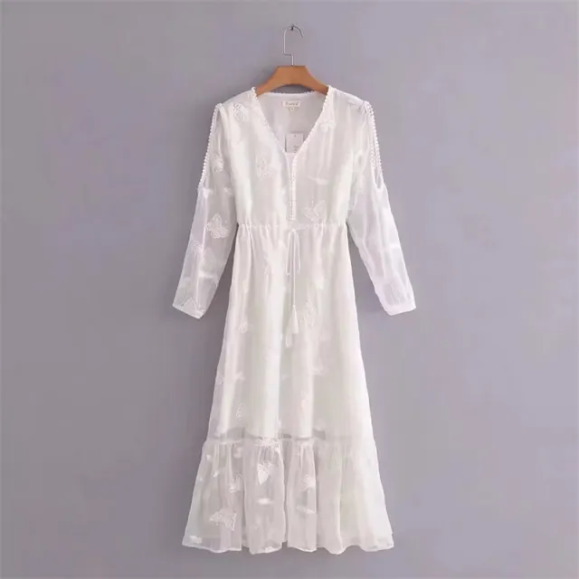 Butterfly Embroidered Lace Shoulder Chiffon Dress White - Shop at LoveMi