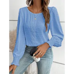 Womens Casual Top With Dotted Lace Trim And Lantern Sleeves - Blue - View 1