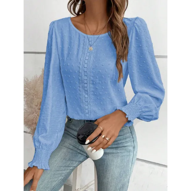 Womens Casual Top With Dotted Lace Trim And Lantern Sleeves Blue - Shop at LoveMi