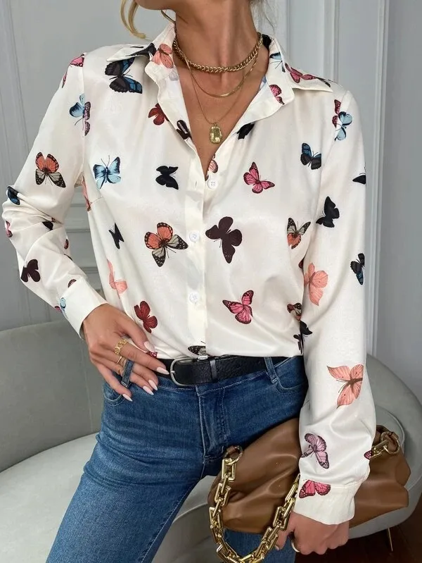 Printed Long Sleeve Butterfly Printing Lapel Shirt - Cyz8068-Xxl