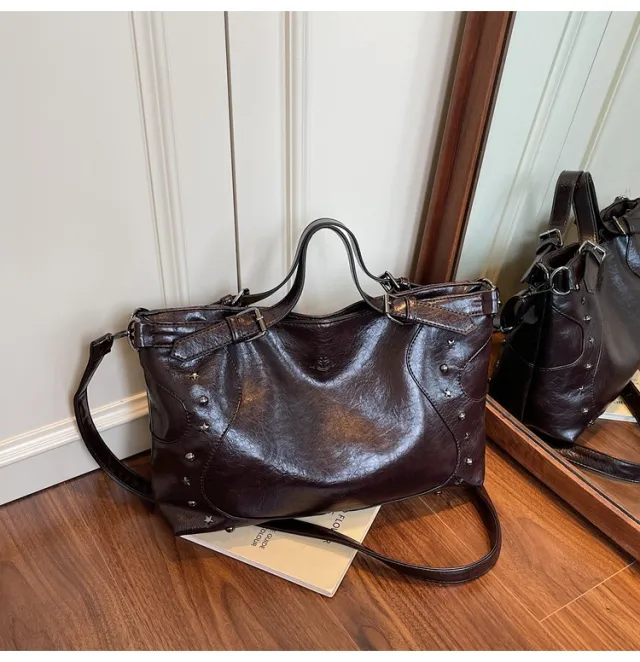 Retro Biker's Style Fashion Large Capacity Crossbody Handbag Brown - Shop at LoveMi