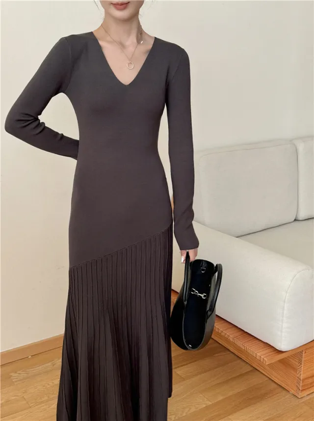 Elegant Slim Fit Temperament Sheath Fishtail Sweater Long Dress Maroon - Shop at LoveMi