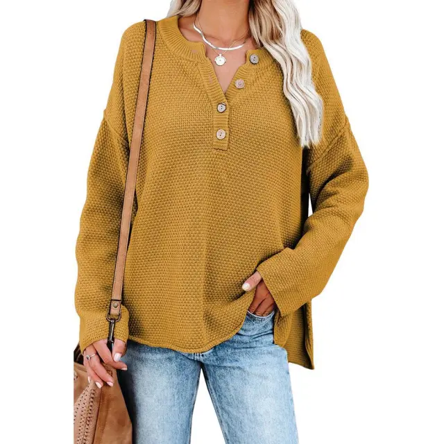 Female Solid Color Buttons Half open Collar Slim Fit Sweater Yellow - Shop at LoveMi
