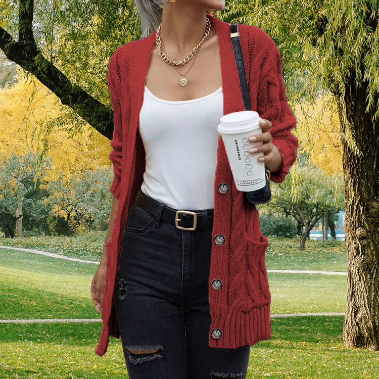 Women's Solid Color Pocket Button Twisted Sweater Wine - Shop at LoveMi