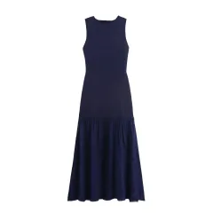 European And American Style Knitted Sleeveless Long Dress - Navy Blue - View 1
