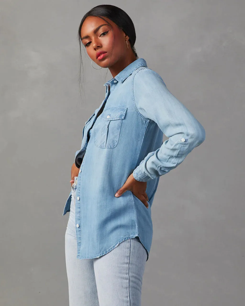 European And American Leisure Lapel Single Breasted Women's Long Sleeve Denim Shirt - Blue