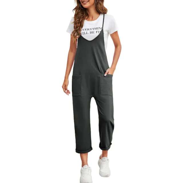 Spring New Women's Casual Solid Color Loose Sling Straight Jumpsuit Dark Gray - Shop at LoveMi