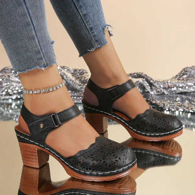 Women's Fashionable Hollow out Chunky heel Closed toe Sandals Black - Shop at LoveMi