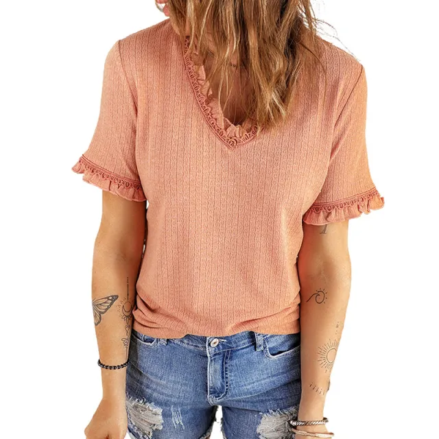 New Ruffled V neck Pullover Women's Slim Solid Color Casual T shirt Pink - Shop at LoveMi
