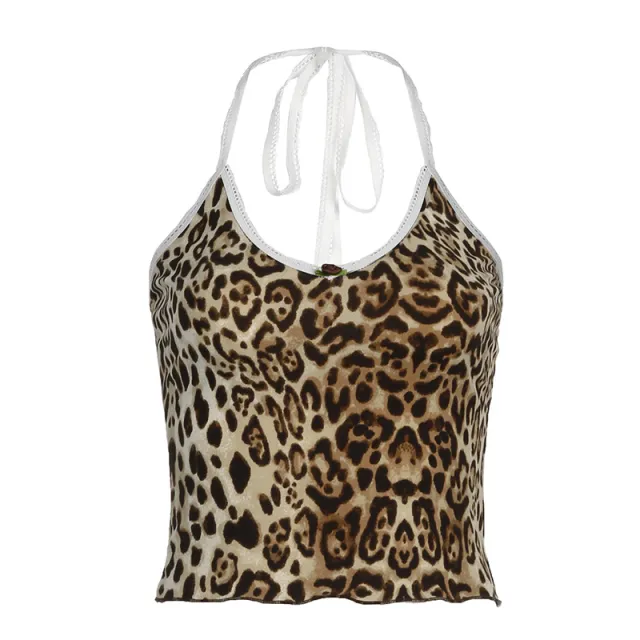 Leopard Print Lace Halter Lace up Camisole Color - Shop at LoveMi
