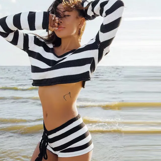 Women's Clothing Fashion Suit Striped Short Style Exposed Navel Black - Shop at LoveMi