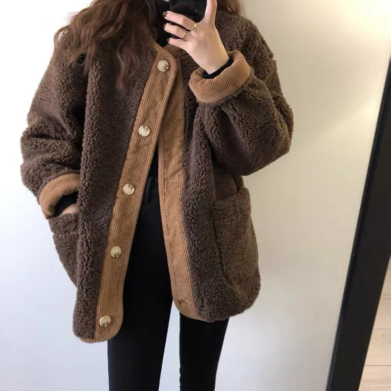 Leather Bag Edge Color Matching Thickening Thermal One-piece Cotton-padded Coat For Women - Brown