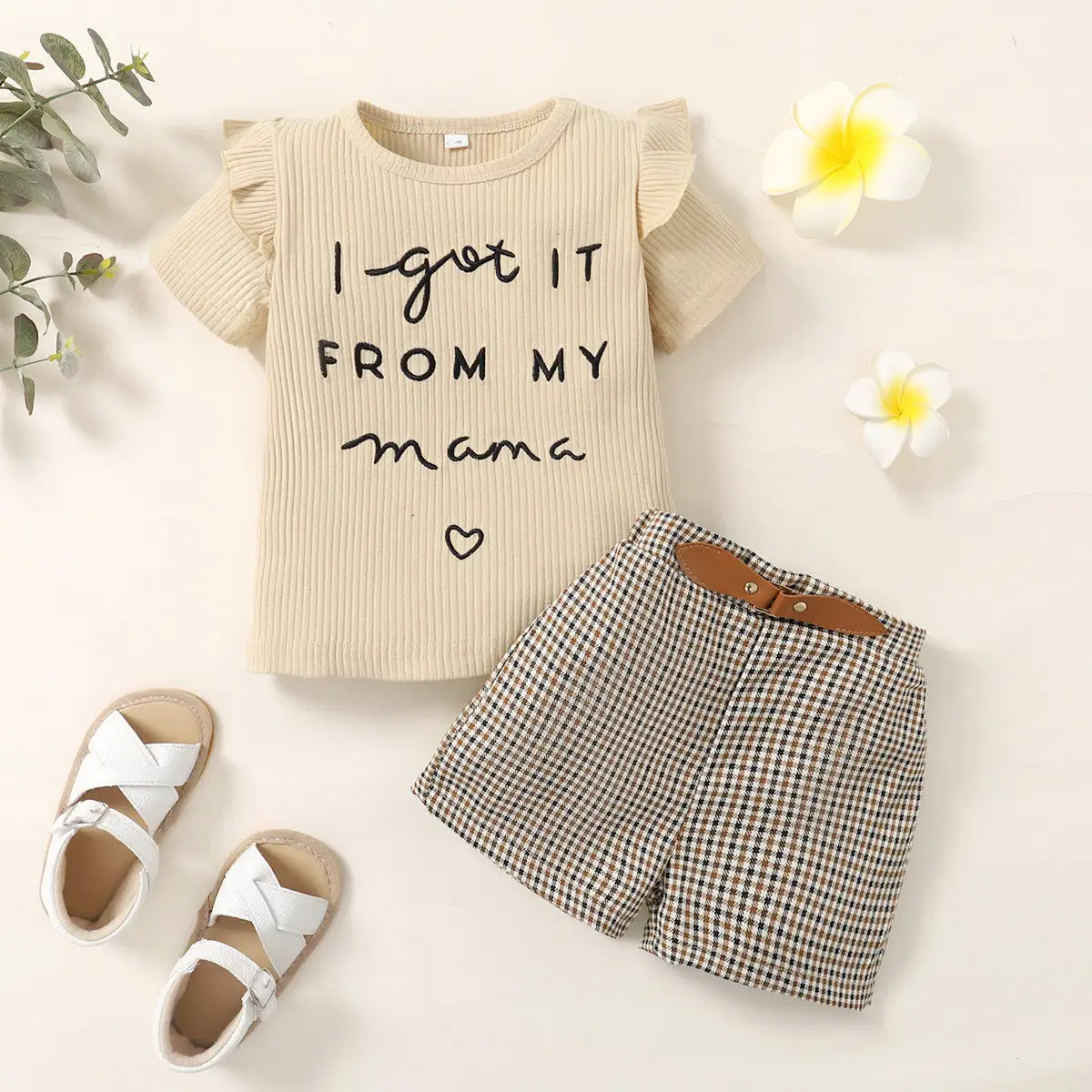 Girls' New Letter Sunken Stripe Two-piece Set