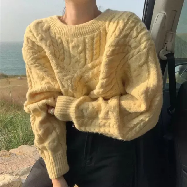 Women's Idle Style Retro Twist Pullover Loose Outer Wear Gentle Sweater Yellow - Shop at LoveMi