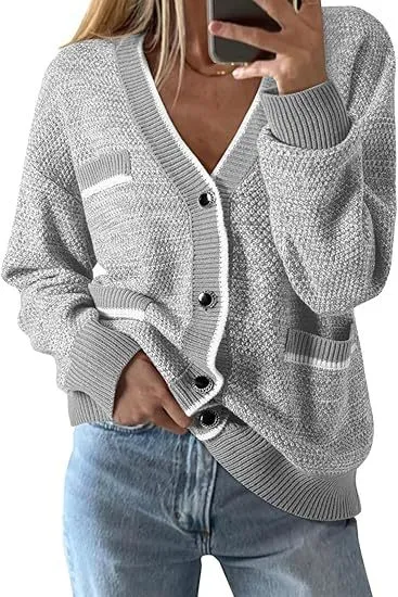 Women's V neck Pocket Long sleeved Knitted Cardigan Color Matching Gray - Shop at LoveMi