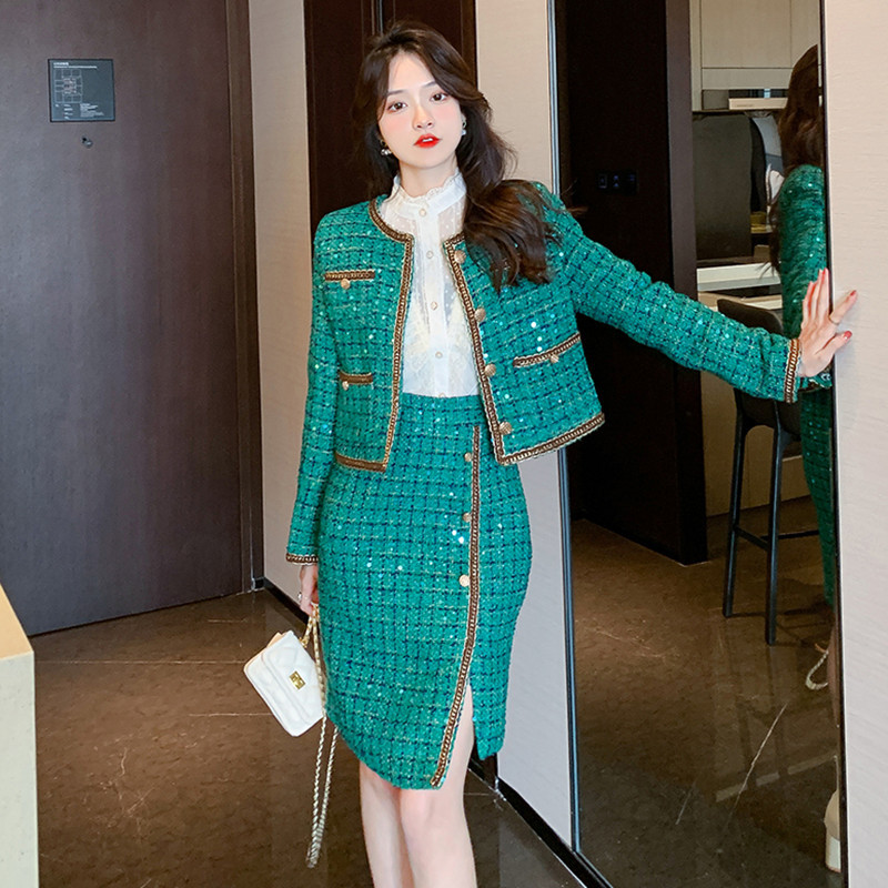 Green Tweed Coat Irregular Sheath Skirt Suit