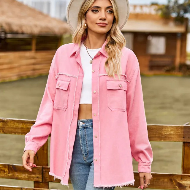Denim Frosted Washed Tassel Top Casual Shirt For Women Pink - Shop at LoveMi