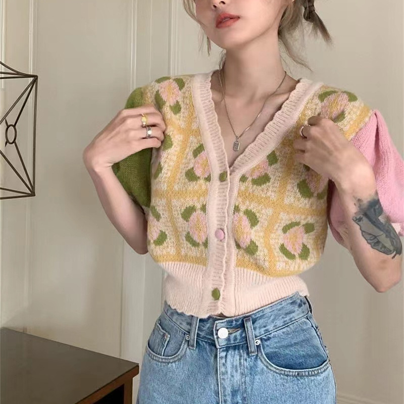 Puff Sleeve Knitted Cardigan Fall Women's Clothing Design Sense Niche Gentle Sweet Outer Wear V-neck Thin Short Top