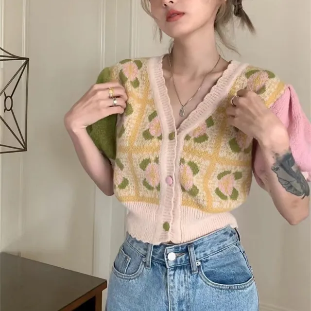 Puff Sleeve Knitted Cardigan Fall Women's Clothing Design Sense Niche Gentle Sweet Outer Wear V neck Thin Short Top - Shop at LoveMi