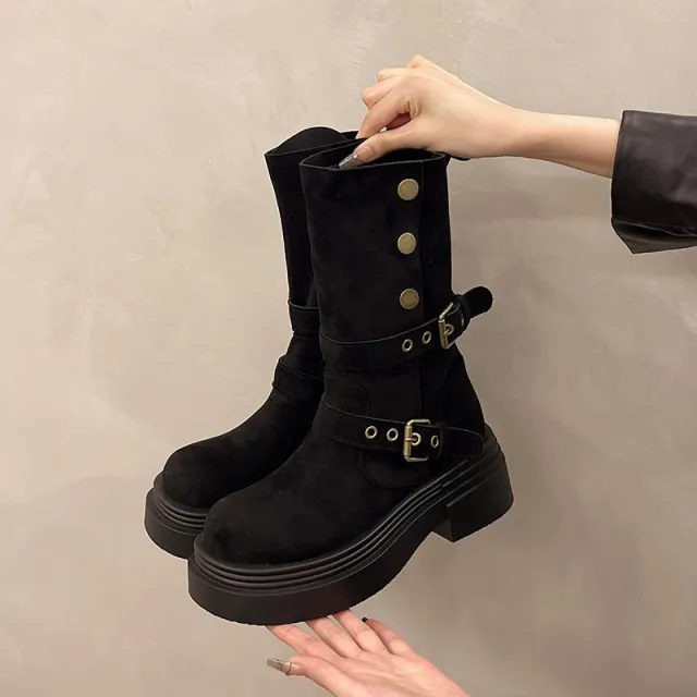 Womens Matte Boots In British Style With Thick Soles Black - Shop at LoveMi