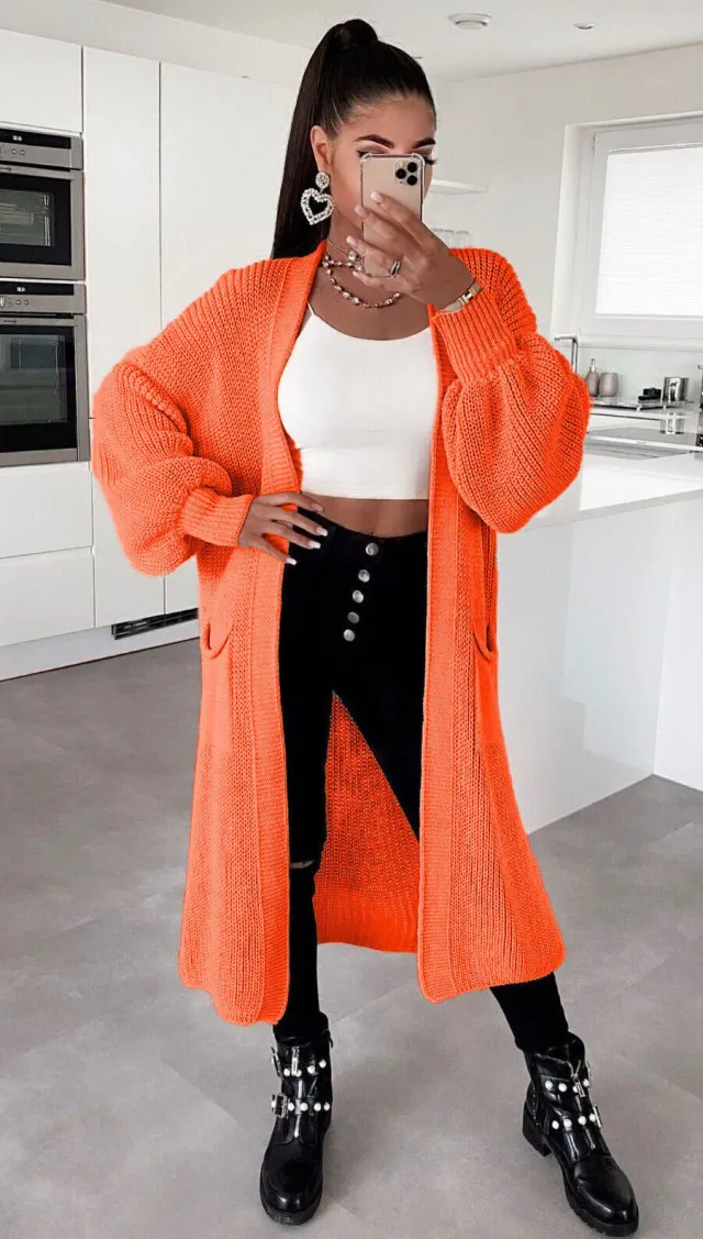 Solid Color Knitwear Pocket Cardigan Mid length Sweater Women's Coat Orange - Shop at LoveMi