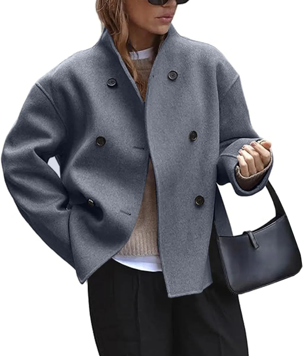 Fashion Three-row Button Short Plaids And Tweedst Coat Double-faced Woolen Goods For Autumn And Winter - Gray