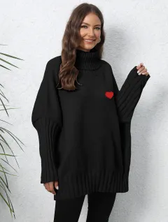 Women's Clothing Knitted Solid Colour Turtleneck Lapel Loose Woven Love Stickers Sweater - Black - View 1