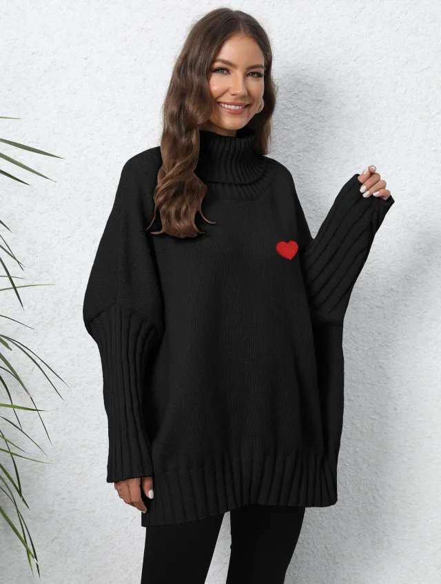 Women's Clothing Knitted Solid Color Turtleneck Lapel Loose Woven Love Stickers Sweater Black - Shop at LoveMi