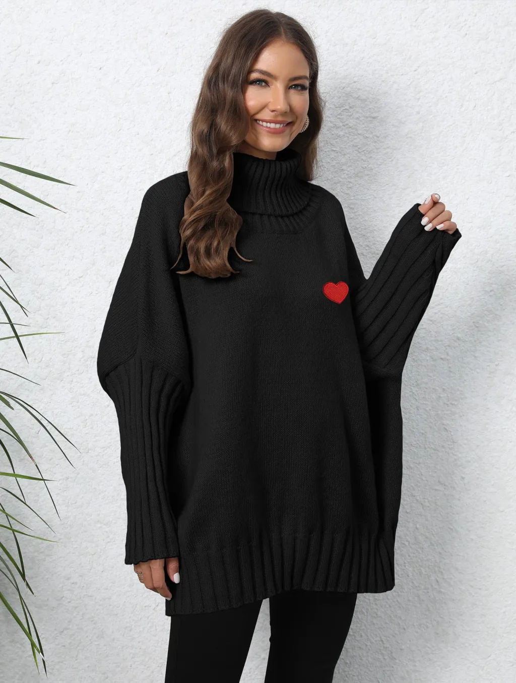 Women's Clothing Knitted Solid Color Turtleneck Lapel Loose Woven Love Stickers Sweater - Black