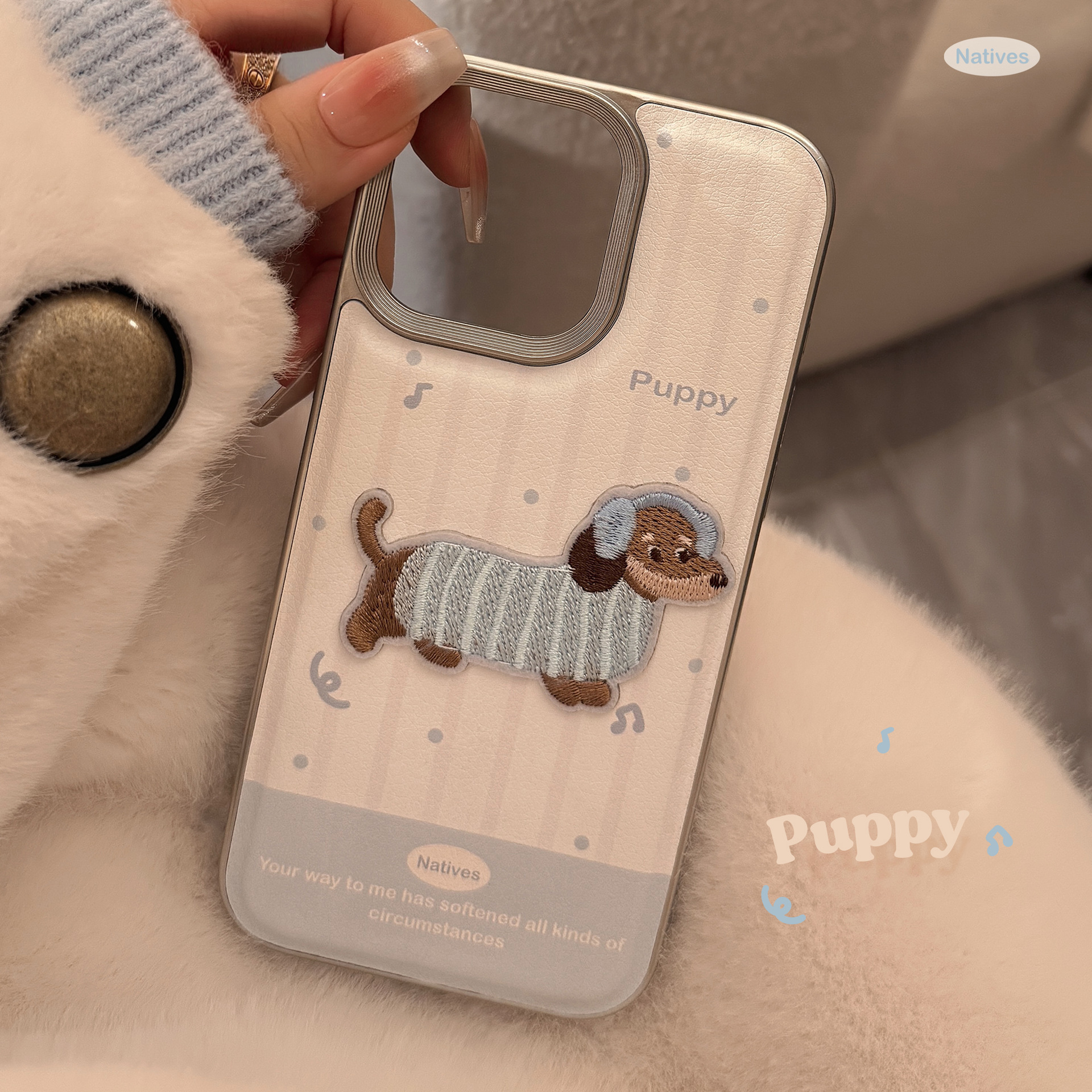 Cute Blue Milk-colored Embroidered Puppy Phone Case With A 3D Leather Design
