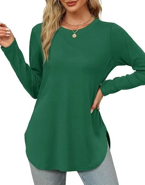 Solid Color Long sleeved Top Round Neck Loose Casual Bottoming Shirt Green - Shop at LoveMi