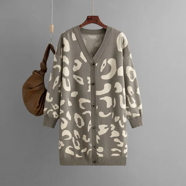 Women's Sweater Mid length Leopard print Sweater Cardigan Khaki - Shop at LoveMi