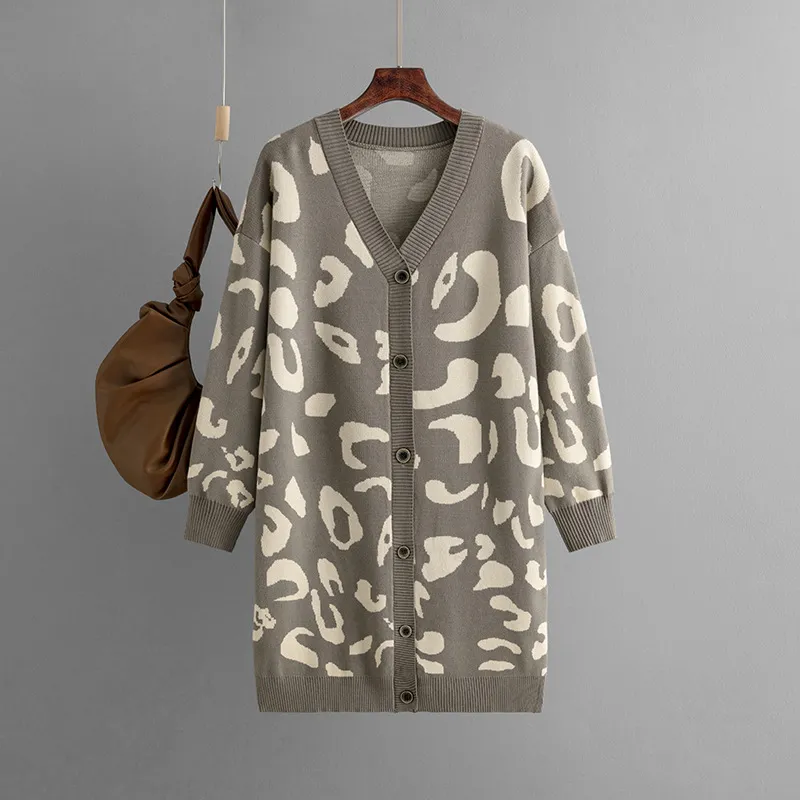 Women's Sweater Mid-length Leopard-print Sweater Cardigan - Khaki