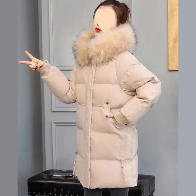 Hooded Large Fur Collar Slim Fit Thick Mid length Cotton padded Jacket Beige - Shop at LoveMi