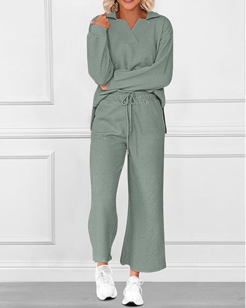 Solid Color Texture Fashion Casual Set Long sleeved Sweater And Trousers Two piece Set Peacock Green - Shop at LoveMi