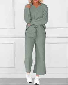 Solid Colour Texture Fashion Casual Set Long-sleeved Sweater And Trousers Two-piece Set - Peacock Green - View 1