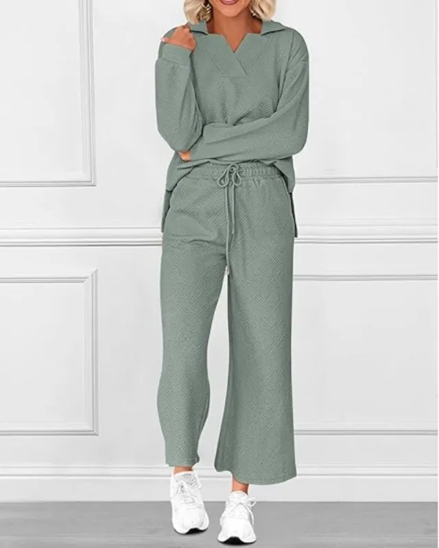Solid Color Texture Fashion Casual Set Long sleeved Sweater And Trousers Two piece Set Peacock Green - Shop at LoveMi