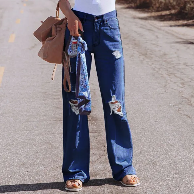 Water Washed Hole High Waist Temperament Wide leg Jeans Dark Blue - Shop at LoveMi