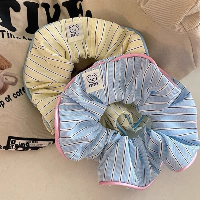 Cream-colored Contrast-striped Hair Accessory With A Sweet Little Bear Designa Chic Scrunchie