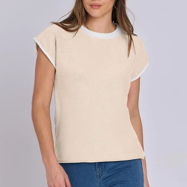 Women's Round Neck Knitted Top Casual Striped Contrast Color Sweater Pure Color Apricot - Shop at LoveMi