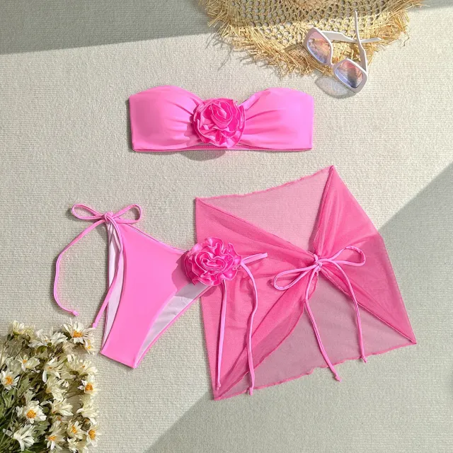 Women's Tube Top With Three dimensional Big Flower Tied Swimsuit Pink - Shop at LoveMi