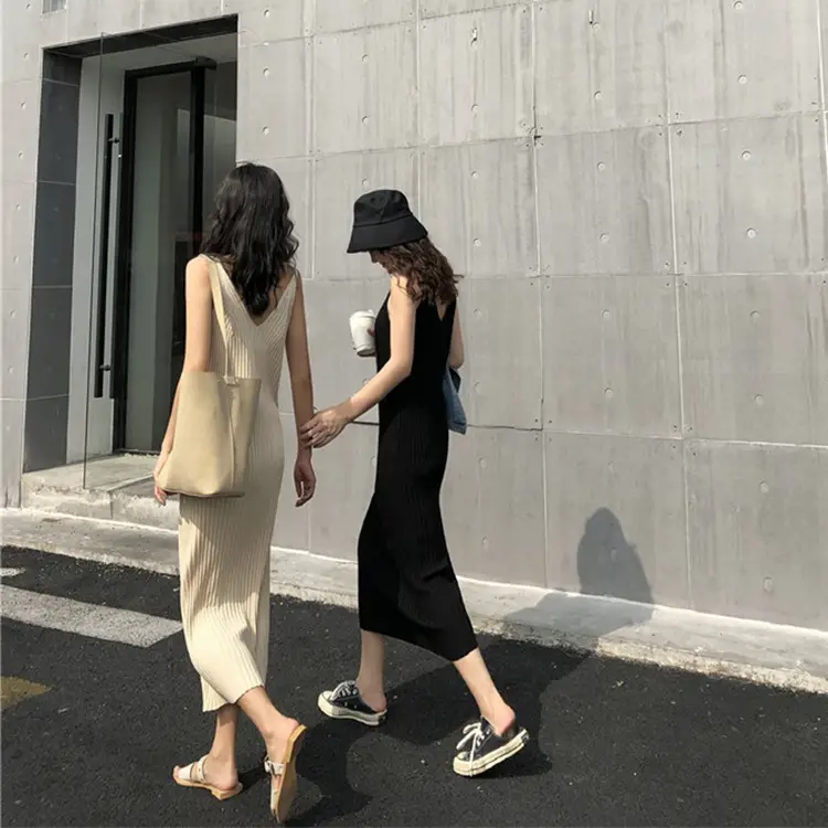 Women's V-neck Knitted Sling Basic Dress