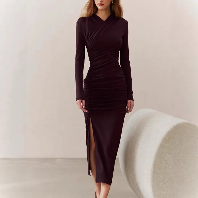 Women's Waist cinching Fitted Long Dress Wine Red - Shop at LoveMi