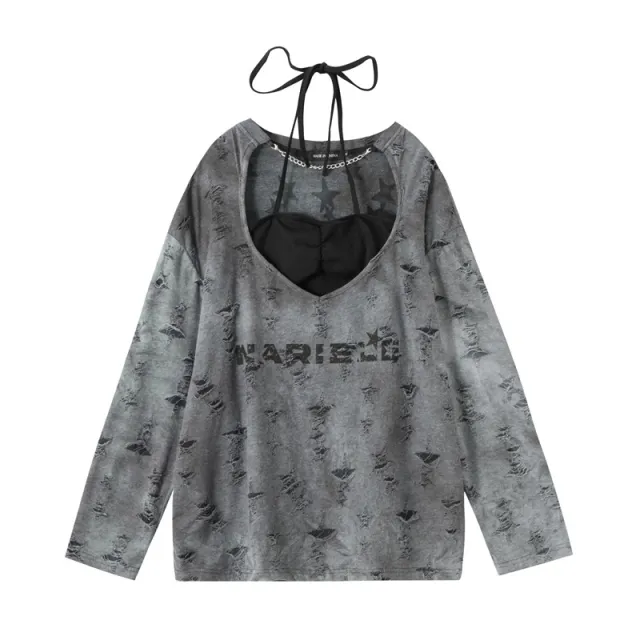 Pure Lace up Halterneck Long sleeved Top Flower Gray - Shop at LoveMi