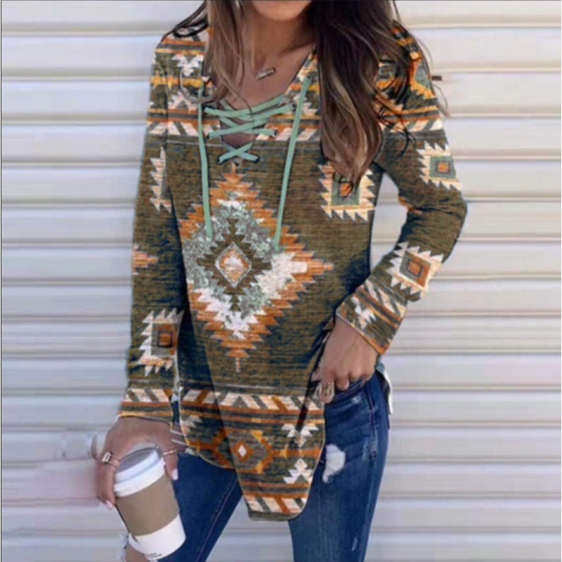 Fall V neck Lace Ethnic Style Pullover Long Sleeve Women's Clothing Gray - Shop at LoveMi