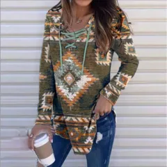 Fall V-neck Lace Ethnic Style Pullover Long Sleeve Women's Clothing - Gray - View 1