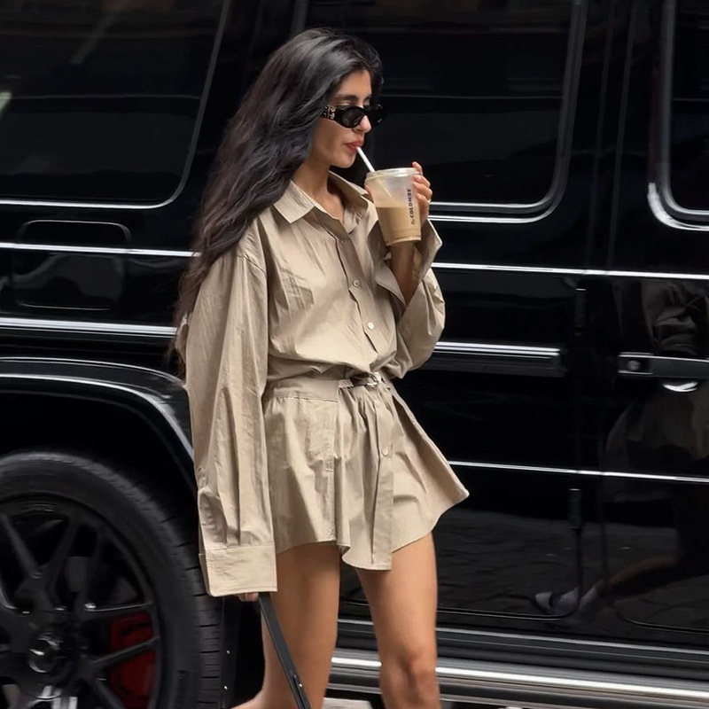 Loose Street Fashion High Waist Lapel Long Sleeve Dress