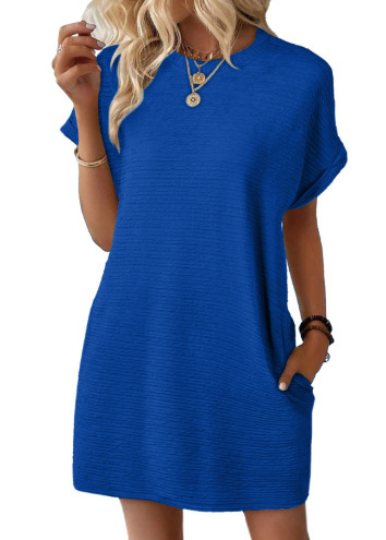 Summer New Loose Round Neck Pocket Solid Color Short Sleeve Dress Women Sapphire Blue - Shop at LoveMi