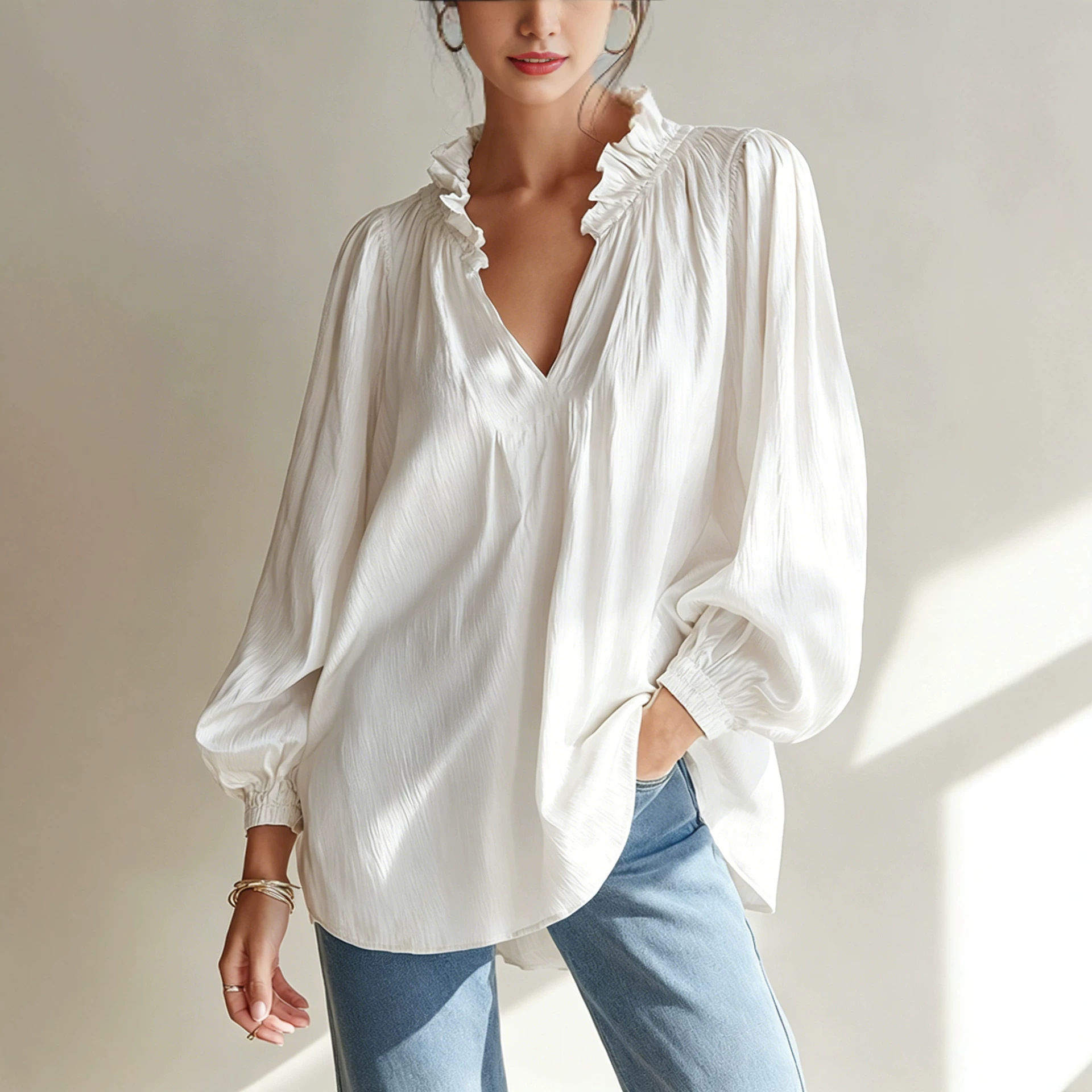 V-neck Loose-fitting Top With Puffed Balloon Sleeves
