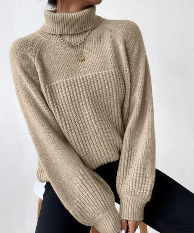 Simple Lapel Raglan Sleeves Pullover Knitted Sweater Women Khaki - Shop at LoveMi